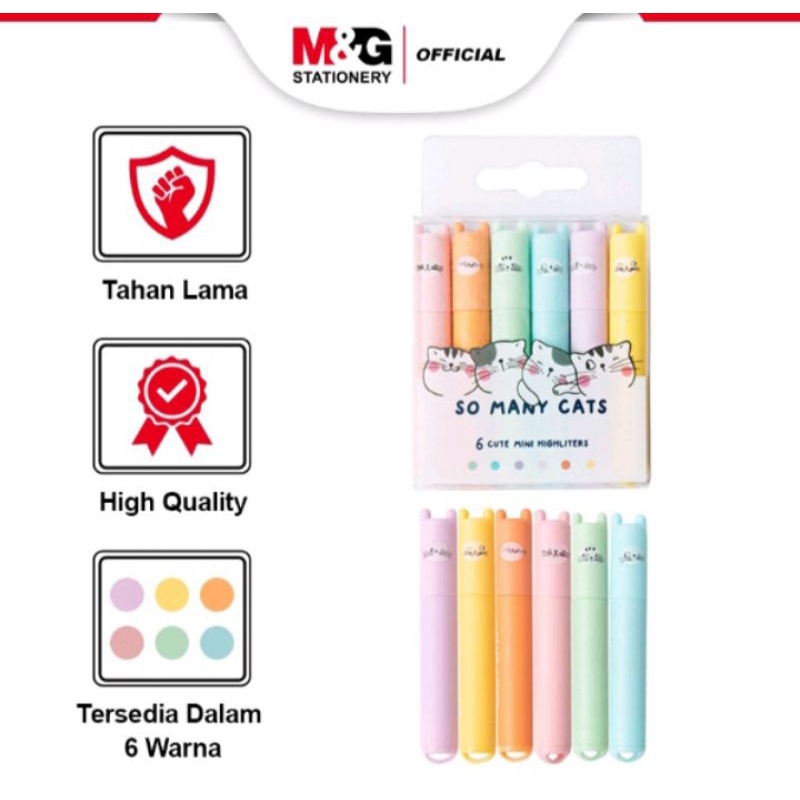 

M&G "SO MANY CATS" Mini Highlighter Pastel 6pcs Pink/Yellow/Blue/Purple/Green/Orange