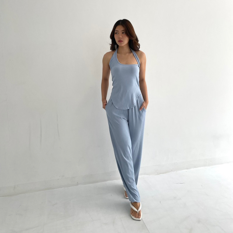 RIO SET | Setelan Wanita Assymetric Ribbed Knit Set Tanktop Assymetric Celana Panjang Highwaist Highwaisted Pants Aesthetic Rib Set Summer