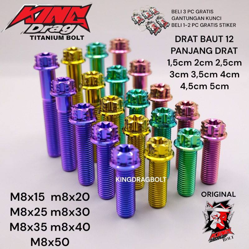 baut TITANIUM 01 original KINGDRAG THAILAND m8x15 m8x20 m8x25 m8x30 m8x35 m8x40 m8x50 baut 12 panjang drat 1,5cm 2cm 3cm 3,5cm 4cm 4,5cm 5cm PREMIUM QUALITY