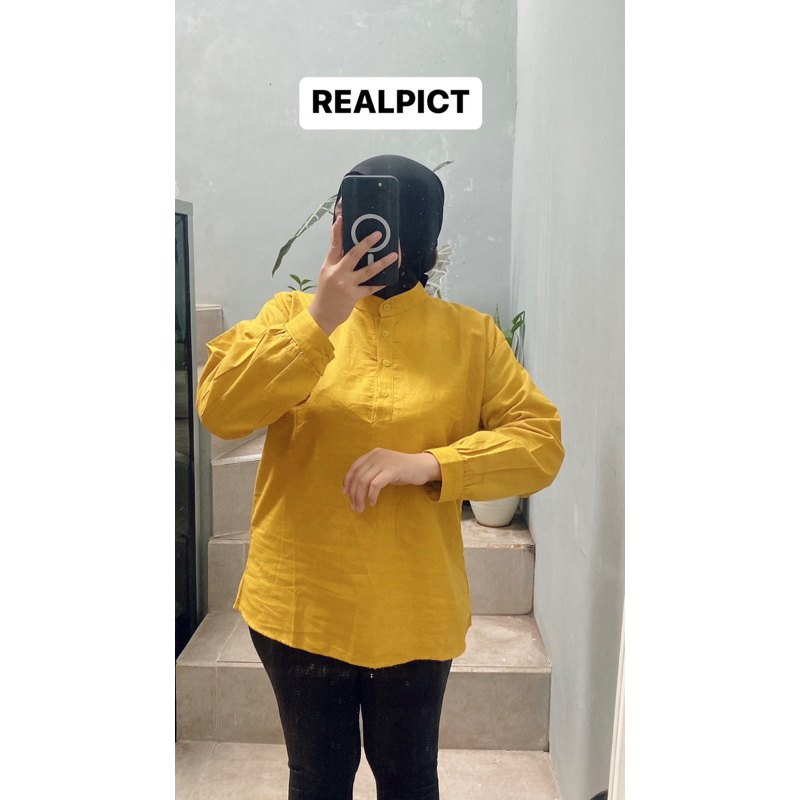 KEMEJA POLOS LINEN WANITA LD 120 KERAH SHANGHAI ATASAN BLOUSE SHIRT SANGHAI WANITA JUMBO KERJA OOTD KEKINIAN