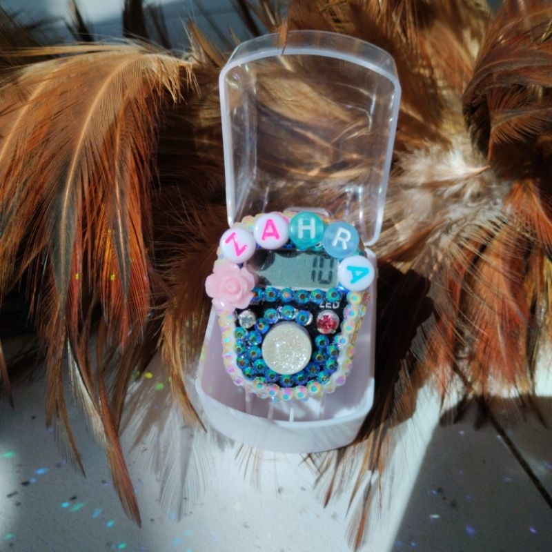 tasbih digital ledak swarovski request nama/tasbih digital led+alarm putih cantik
