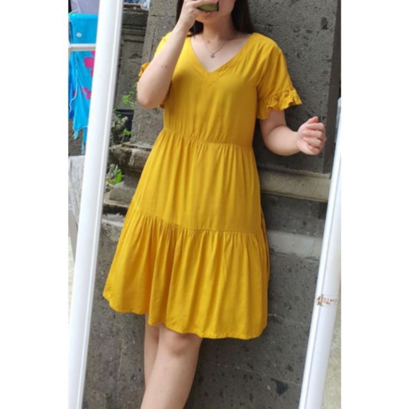 DRESS JENINA TERBARU MOTIF POLOS FULL REMPEL BAHAN RAYON KEKINIAN  MINI DRESS KASUAL.