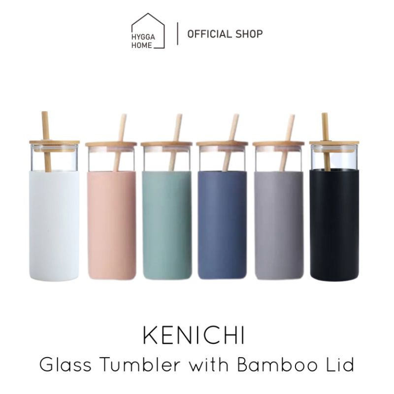 Hygga Home KENICHI Gelas Botol Minum Kaca dgn Sedotan & Tutup Bambu Glass Tumbler Straw