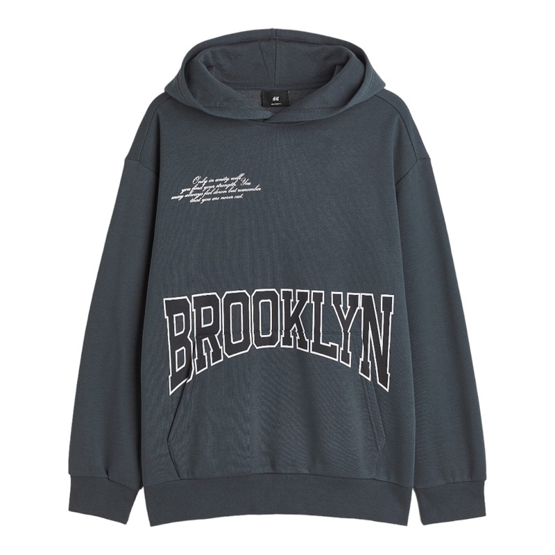 ( 8.8 ) Hoodie H&amp;M Unisex Sablon Brooklyn Unity Spruce Blue, Flecee Katun Lembut Tebal, Free Papperbag