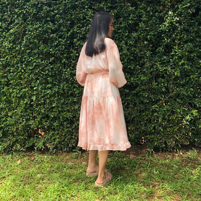 Def Pink Semu - Belted Midi Dress - Bahan Sifon Lapis Furing PD52