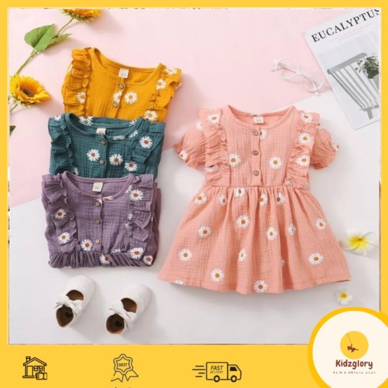 kidzglory Baju Dress bayi anak perempuan motif bunga lengan pendek kancing