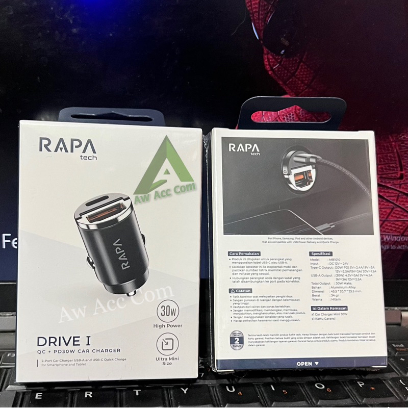 CAR CHARGER Original Rapa Tech DUAL PORT USB 30W PD SUPER FAST CHARGING 30 WATT CHARGER MOBIL (DRIVE I MB-1010)