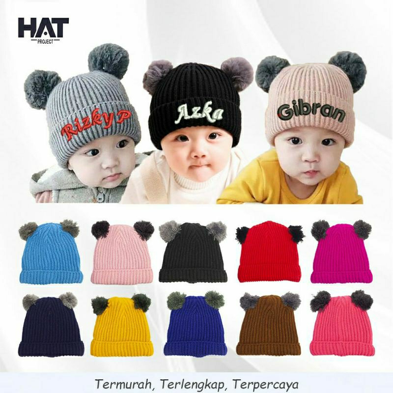 Topi Kupluk Bayi Pompom Bahan WOL-  Kupluk Pom Pom Baby Kids Hat topi Rajut Pompom Bulu Anak