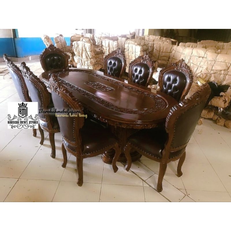 meja makan kursi makan 8 buah jati mewah elegant bonus kaca meja 8 mili