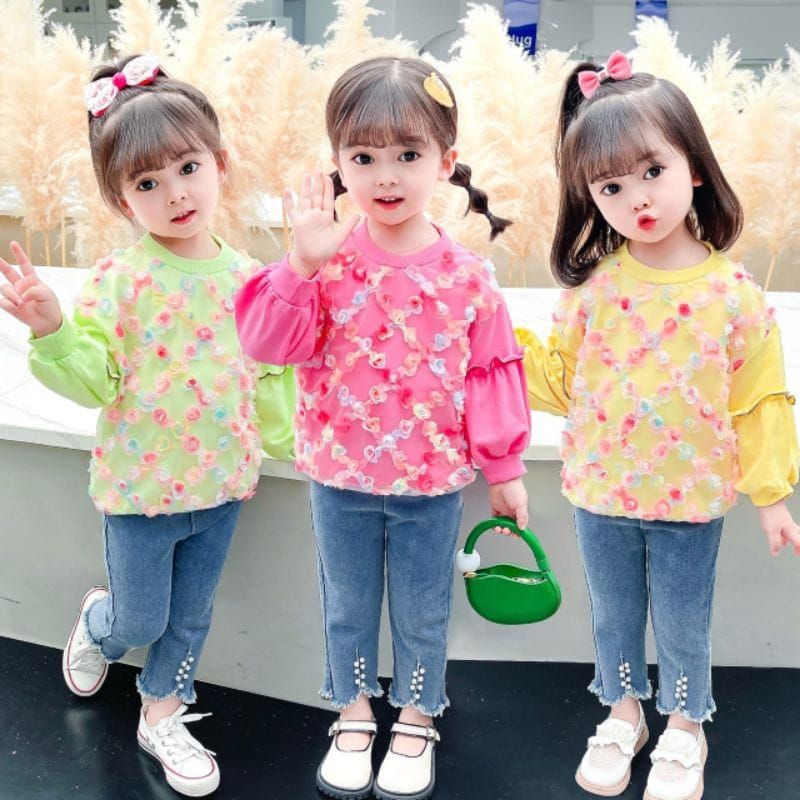 SETELAN CELANA JEANS MUTIARA ANAK PEREMPUAN IMPORT 1-5 TAHUN LENGAN PANJANG / SETELAN ANAK CEWEK IMPORT CELANA JEANS CUTBRAY MUTIARA + SWEATER BUNGA FLOWER LOVE