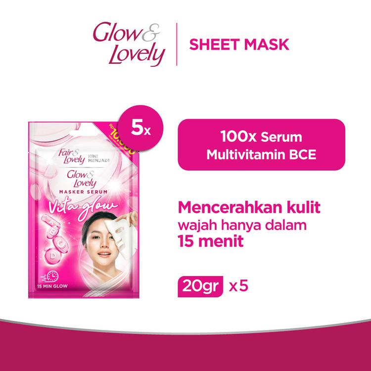 Glow & Lovely SHEET MASK MASKER WAJAH MULTIVITAMIN SERUM GLOWING DALAM 15 MENIT 20G x5