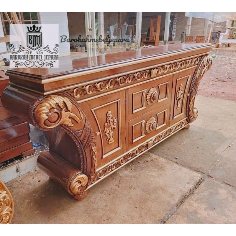 bufet konsol tv jati 2 meter ulir lengkung