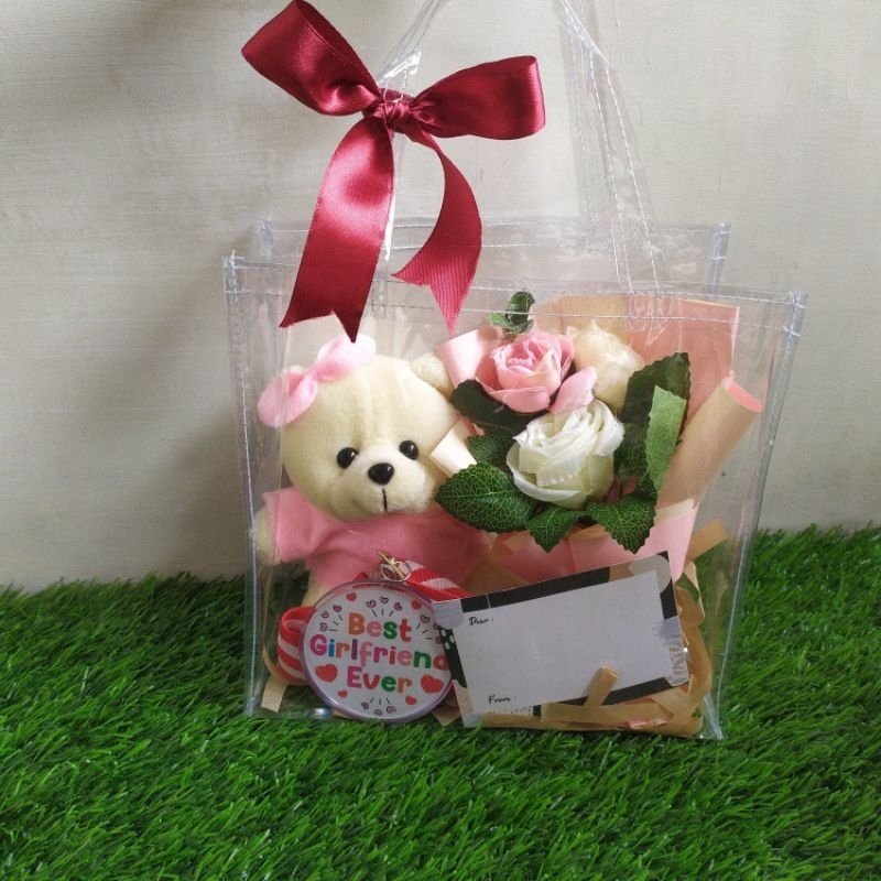 Gift Bag Hampers wisuda tas mika transparan buket bunga boneka + custom medali akrilik wanita cewek 