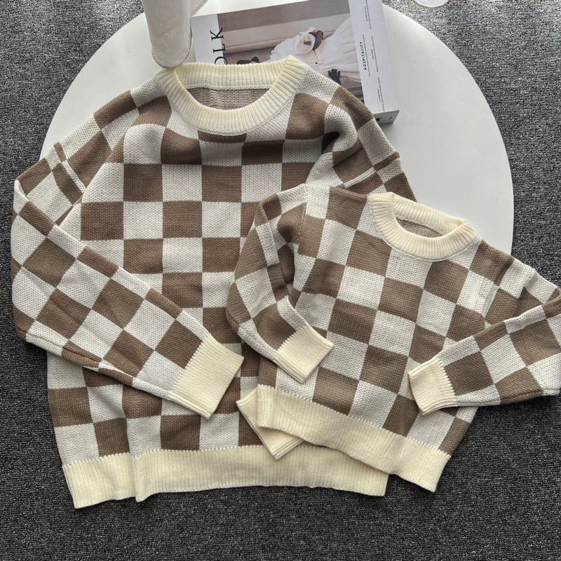 chessboard knit sweater couple mom and kids