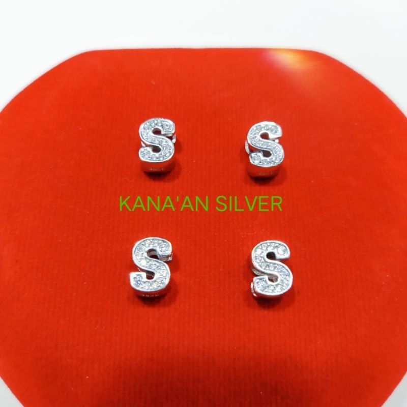 Liontin perak asli 925 /buah kalung model tusuk huruf (S) mata zircon putih kilau /Silver lapisan em