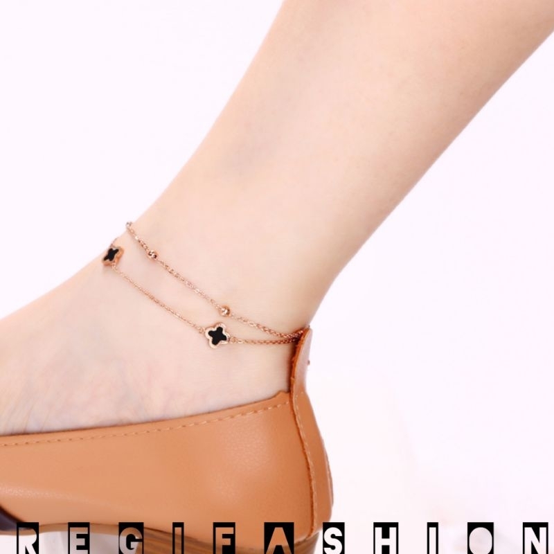 [ Bayar Ditempat ] Gelang Kaki Wanita Korea Clover Hitam 2 Layer Gelang Kaki Wanita Titanium Asli Anti Karat Tidak Luntur