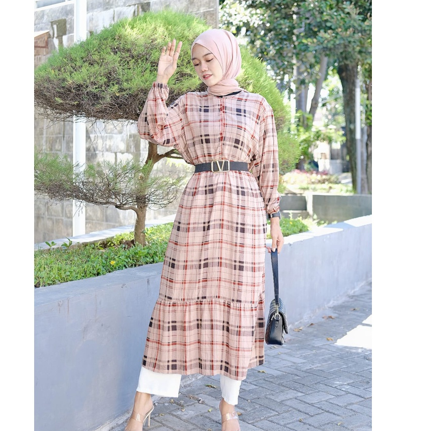 Midi Dress Katun Rayon Motif Pattern Twill Free Belt Busui Friendly Premium - Dress Wanita GAMIS BASIC / GAMIS RAYON POLOS / GAMIS PLAIN SUSUN / GAMIS CANDA / GAMIS HITAM POLOS