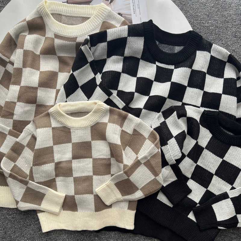 chessboard knit sweater couple mom and kids