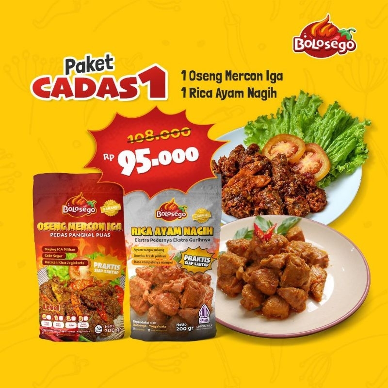 PAKET CADAS 1 (1 PACK OSENG MERCON IGA + 1 PACK RICA AYAM NAGIH) BOLOSEGO