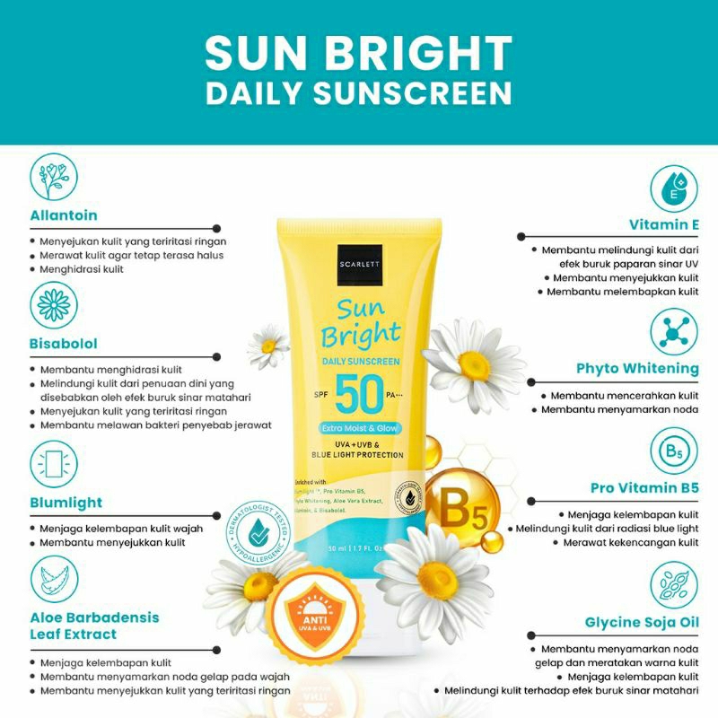 SCARLETT Whitening Sunscreen Sun Bright Daily SPF 50 PA+++ 50ml | SUNSCREEN SCARLETT SPF 50