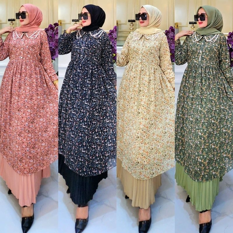 Sakura dress by Malda - Gamis Midi Ceruty set Rok Plisket Ld 110 Wudhu Friendly