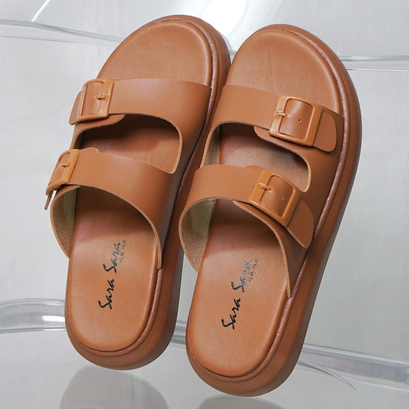 SARASARA YUK - JOI Sandal Wanita Wedges Birken Tinggi 3cm Size 36 - 40 Casual Sendal Cewek Platform Gesper 37 38 39 untuk Jalan Pergi Santai Slop Warna Coklat Brown Selop Premium Original Sara Sara Kekinian Terbaru Shoes ORI Mall Official Store