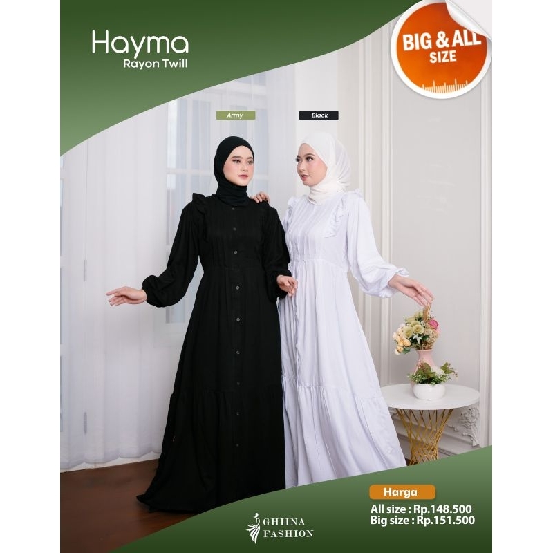 hayma dress ghina fashion gamis hitam putih rayon premium