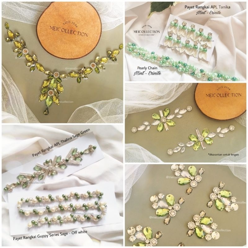 payet rangkai mutiara bunga 3d KOMPILASI mint / green / hijau sage