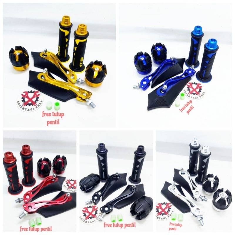 (Promo paket hemat) handgrip segitiga + jalu stang + spion batman + jalu as + free tutup pentil glow ini the dark universal motor honda dan yamaha