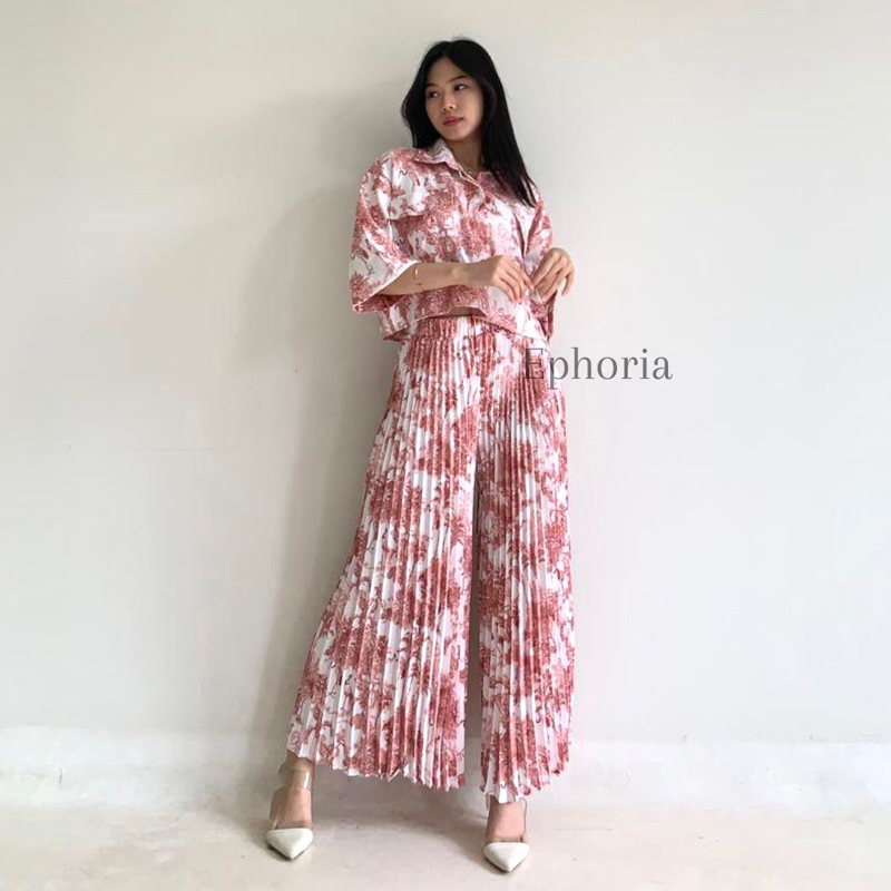 ALICE SET - FLAMINGO | ONE SET CROP TOP & CELANA KULOT REMPEL | SETELAN CROP TOP & CELANA KULOT PLIS