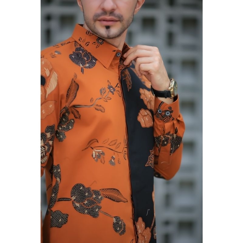 BATIK BUNGA ORANGE KEMEJA BATIK MODERN SLIMFIT PANJANG BAHUN KATUN HALUS FULL FURING HALUS