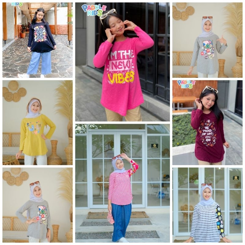 Atasan Anak Perempuan Kaos Lengan Panjang Muslim Hijab Terbaru  Baju Lebaran 2023 Kekinian usia 6 sampai 14 tahun
