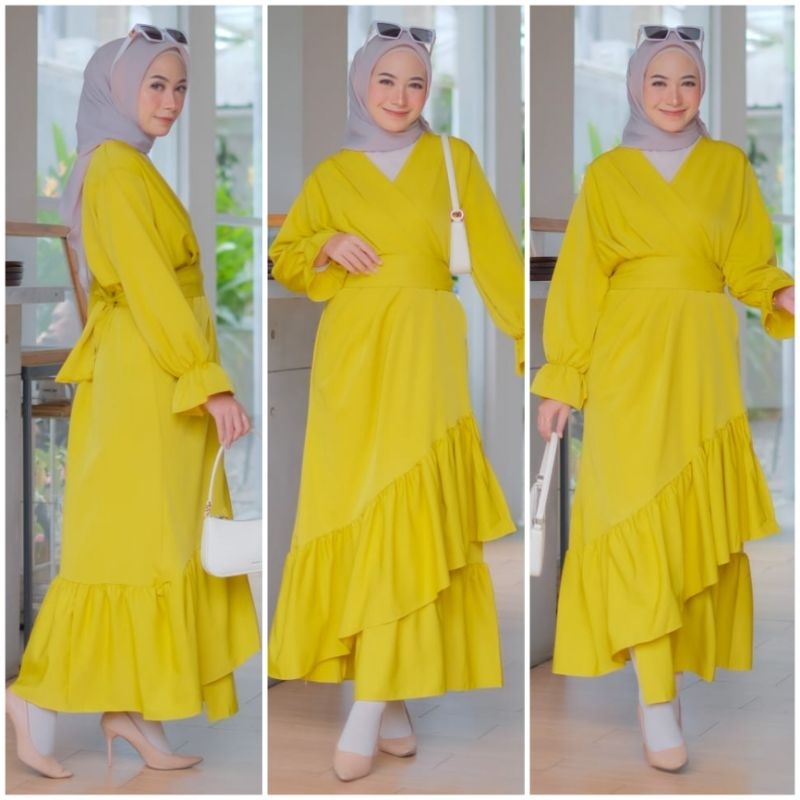 ♡ PREMIUM ♡ ORIGINAL ! YUNITA GAMIS DRAPPERY ASYMMETRIC BOTTOM RUFFLE MAXI DRESS ( HIJAB FRIENDLY )