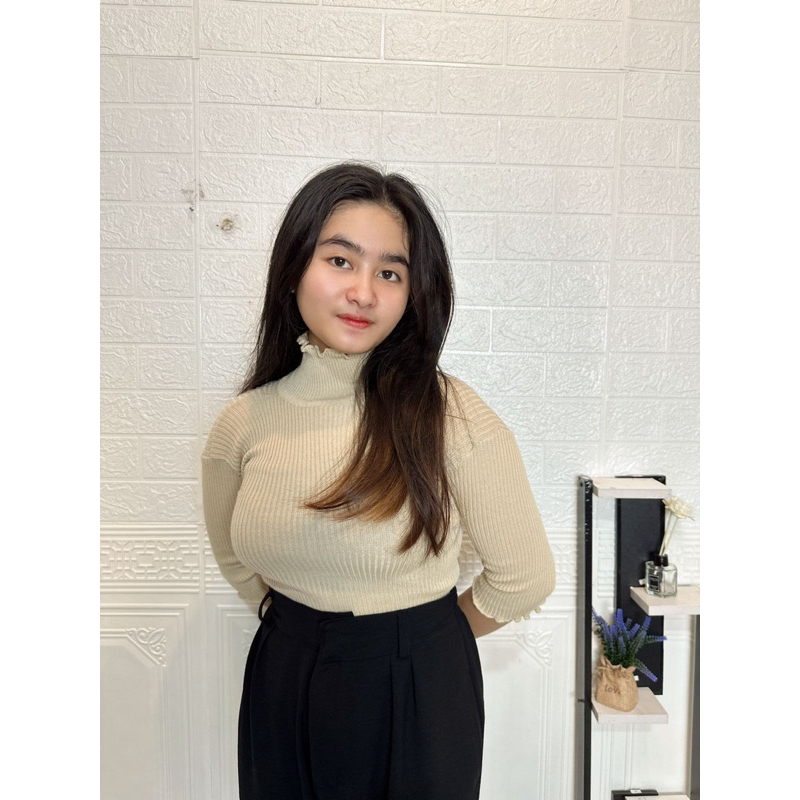 Atasan Rajut Wanita Turtleneck Kriwil - Inner Kerah Tinggi Lengan 3/4 - Rajut Turtleneck Kriwil Full Neci