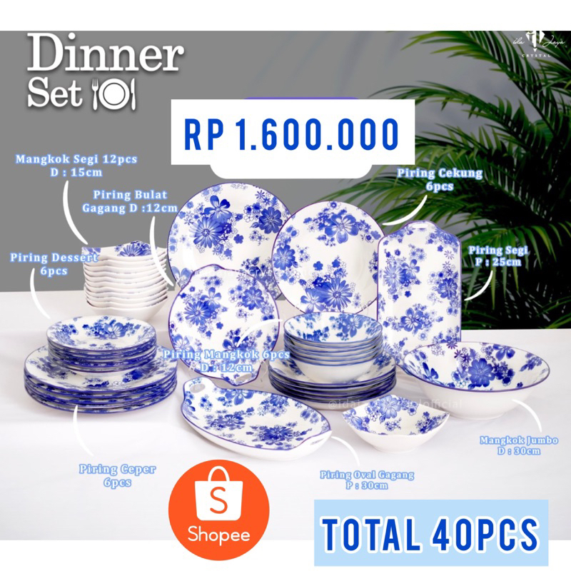Dinner Set 40 pcs keramik biru putih / Piring dan Wadah Saji Keramik Biru Putih