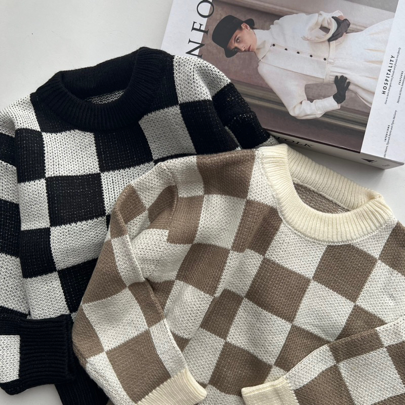 chessboard knit sweater couple mom and kids