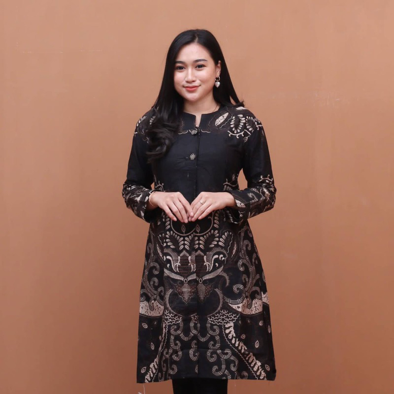 Atasan Batik Tunik Couple Wanita Best Seller Couple Kemeja Pria Lengan Panjang Matt Katun - Motif Mahkota Hitam