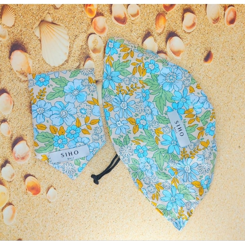 SIHO BALI Couple Pasangan Topi Dewasa Tali & Dog Bandana COLOR FLOWER