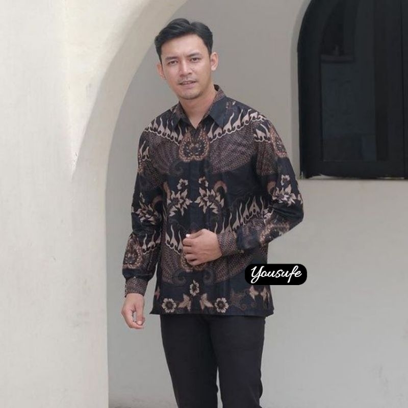 Kemeja Batik Pria Seragam Kantor Kerja Sekolah Kantor Motif Garuda Hitam Nyaman Halus Kerja GRD03