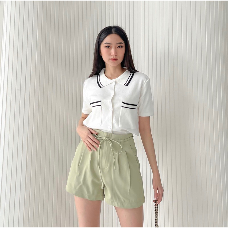 AMORE POCKET KNIT TOP - SOFT KNIT POLO BASIC KOREA - INNER TOP - ATASAN TANGAN PENDEK - BAJU GARIS GARIS KOREA - BLOUSE RAJUT CASUAL WANITA - HADIAH / KADO ULTAH WANITA