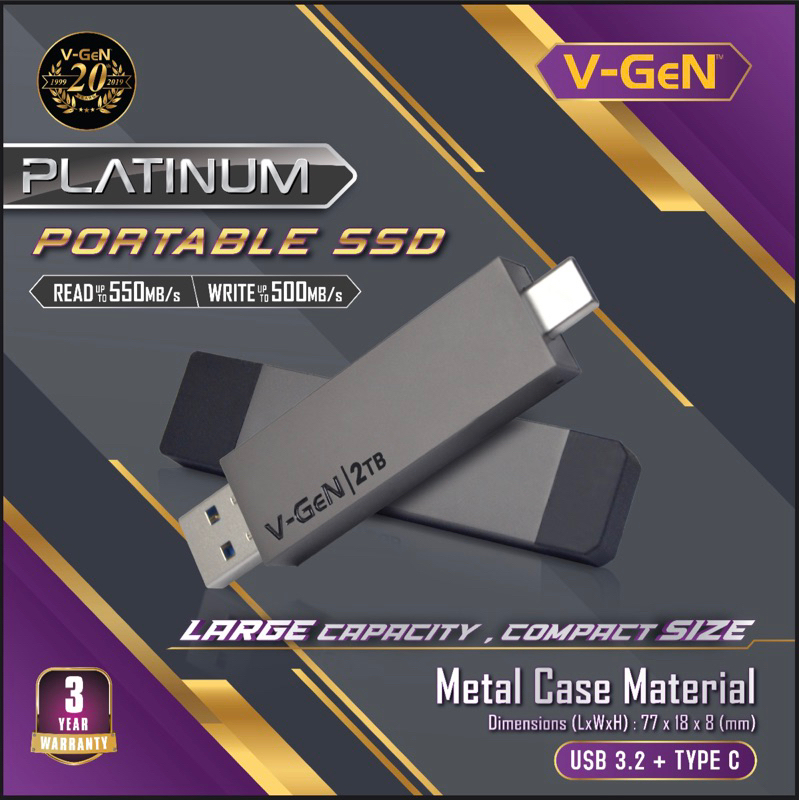 SSD PORTABLE V-GeN Platinum USB 3.2 + TYPE-C 128GB 256GB 512GB 1TB 2TB