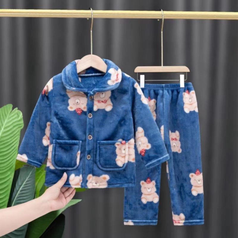 grosir setelan anak piyama korea import bahan halus dan bagus (bear biru)