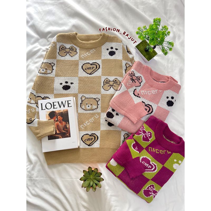 DIANA OVERSIZE SWEATER RAJUT MOTIF BEAR LOVE PREMIUM