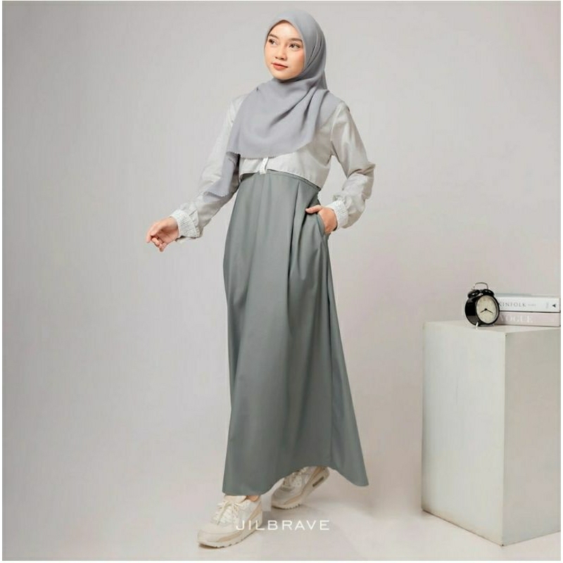SAERIN DRESS JILBRAVE | Gamis Casual model atasan Crop Tee Aksen Manset Renda Asimetris | Gamis Baha