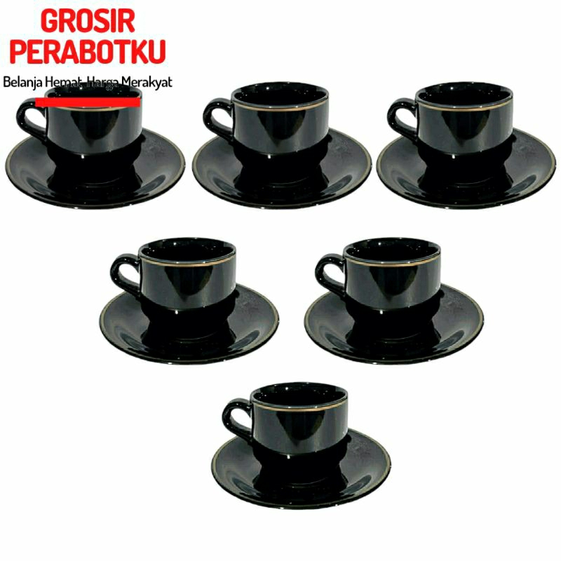 Cangkir Set Putih Hitam Lis Emas Lucky 12pcs Cup &amp; Saucer Gelas Kopi Teh Keramik