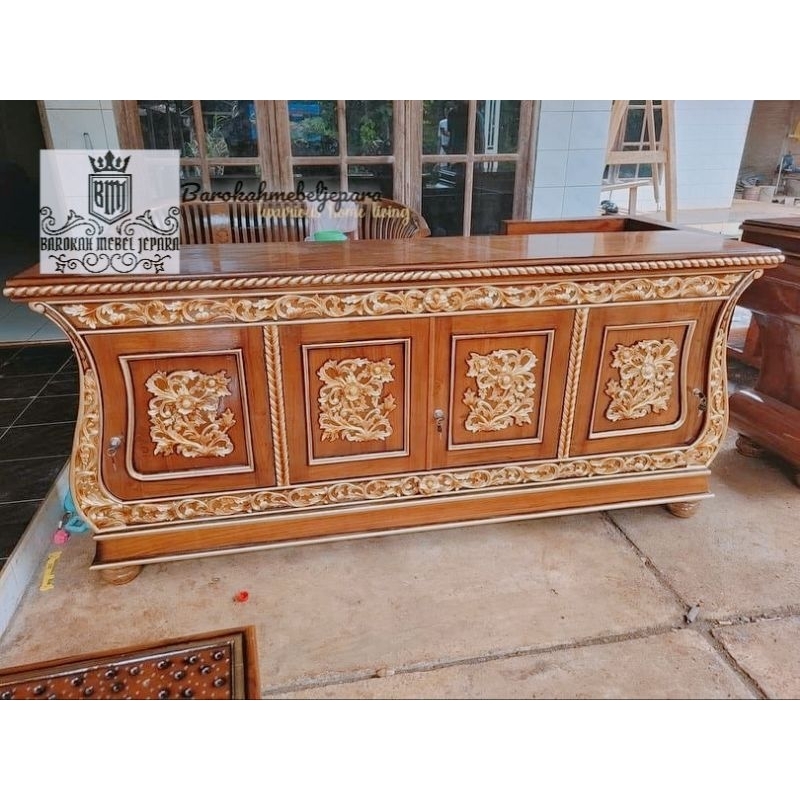 bufet konsol tv jati 2 meter ukir