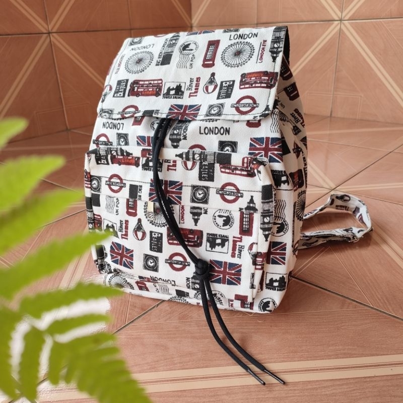 tas gendong mini wanita / tas ransel serut wanita bahan kanvas motif