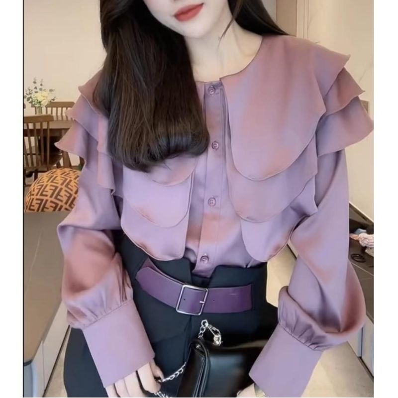 8400 Baju atasan kemeja blouse LAYERED COLLAR SHIRT kerah rempel ruffle lengan panjang Coklat hitam 