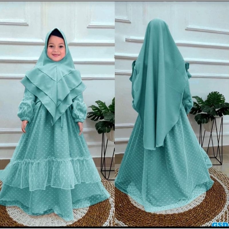 REAL PICT SYARI EMILY KID FREE KRUDUNG PREMIUM 3-11 TAHUN/GAMIS ANAK TILE DOT PROMO GOOD QUALITY