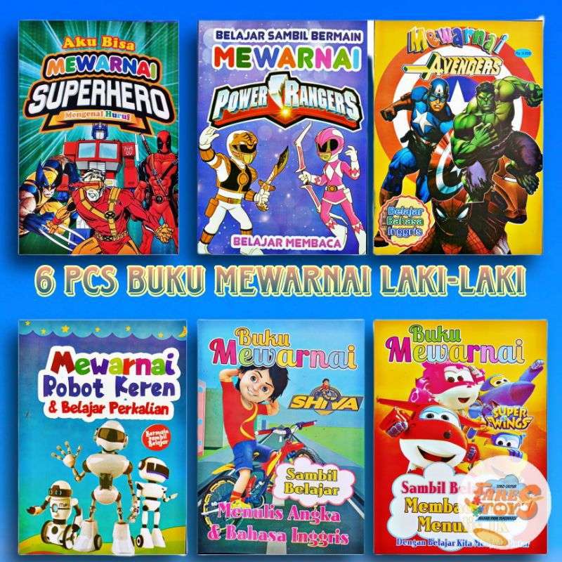 6pcs Buku belajar mewarnai anak laki-laki